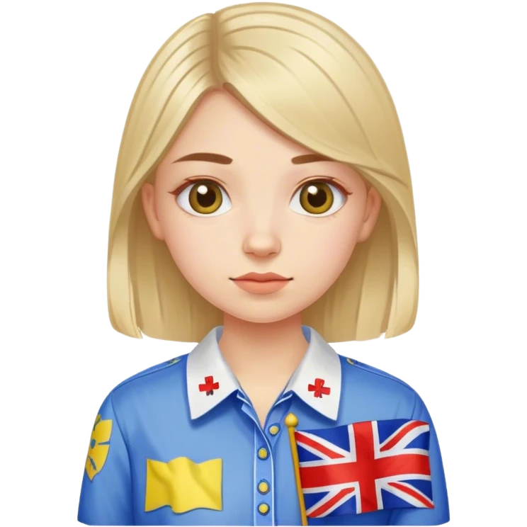 A Ukrainian girl wearing an embroidered shirt holds a British flag emoji
