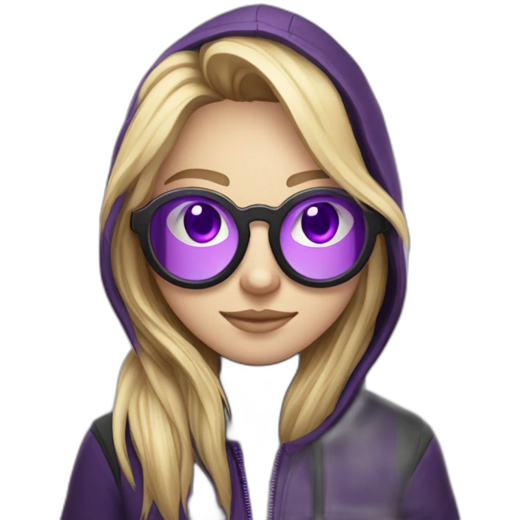 Girl blond developer  with round glasses right side behind his laptop with this style: Alan Walker Singer purple character purple black hooded hacker themed character emoji