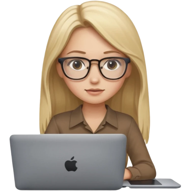 Girl in glasses, blonde long hair, brown blouse, sitting with gray MacBook emoji