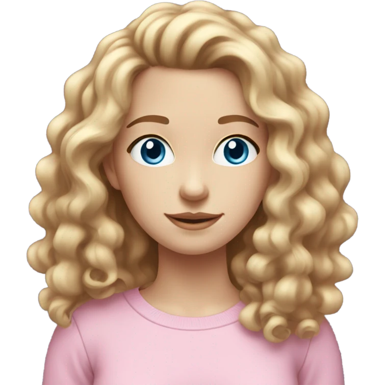 Pale skinned young female with brown curly hair and blue eyes wearing a pink crewneck emoji