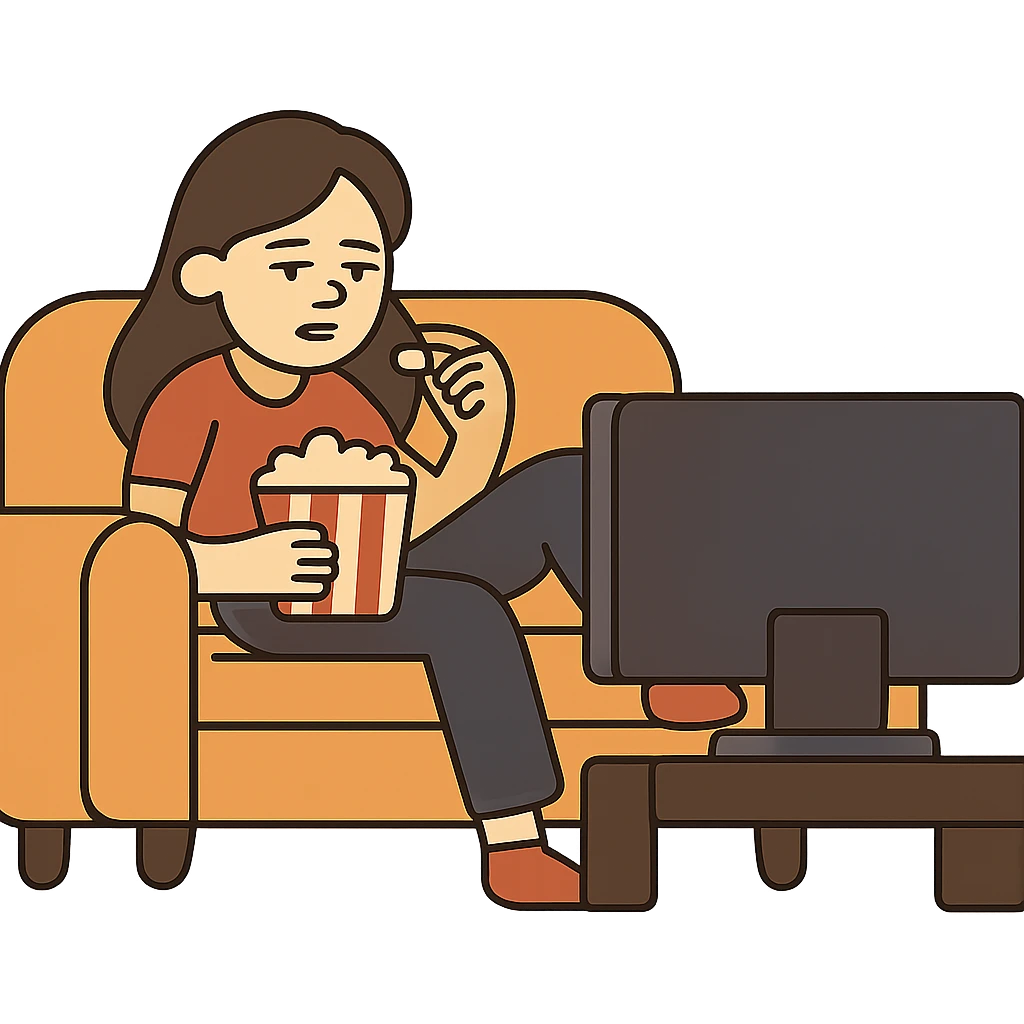 flat toon style girl slouched on couch, TV on, eating popcorn emoji