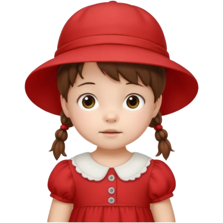 baby girl with brown hair and pigtails with a hat and red dress like My Neighbor Totoro movie emoji