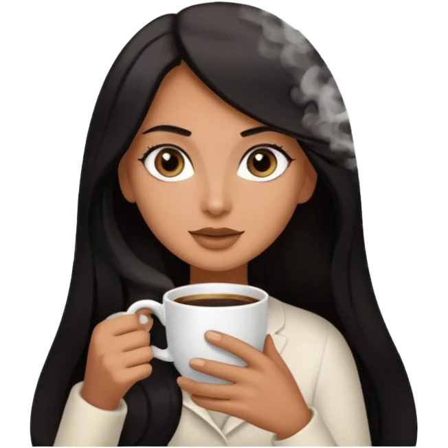 big black eyes and tanned skin brown hair glamorous long black hair with coffee  emoji