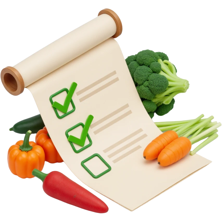 floating rolled paper list with green checkboxes and around vegetables emoji