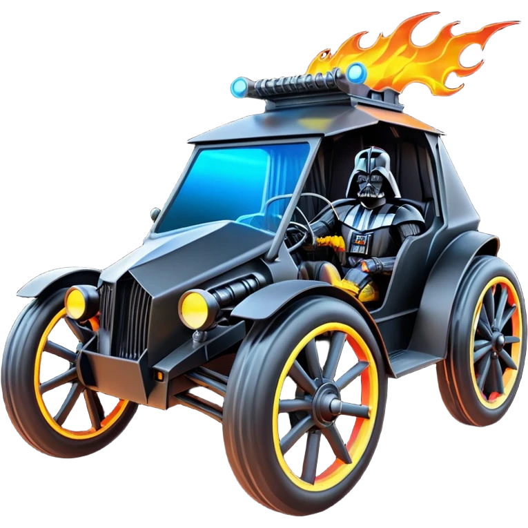 Mad max survival apocalypse ghostly Darth Vader’s Batman-armored 1886 black graphite colored school buggy with horizontal holographic flames painted on the side and neon under glow  emoji