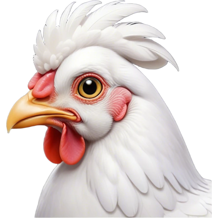 Cinematic Noble White Chicken Portrait Emoji, Poised and regal, with a compact, sturdy build and a pristine, well-groomed pure white plumage, deep-set soulful beady eyes, Simplified yet sharp and sophisticated features, highly detailed, glowing with a soft, dignified glow, high shine, intelligent and alert, stylized with an air of barnyard elegance, focused and attentive, soft glowing outline, capturing the essence of a watchful and confident fowl, so majestic it feels as though it could strut out of the screen with effortless authority! emoji