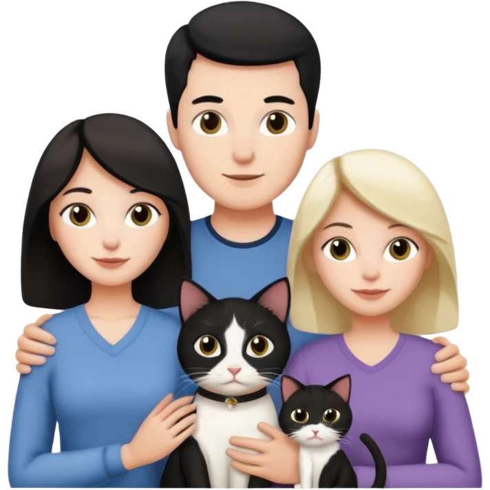 Una familia de 3 mujeres 1 hombre y 1 gato blanco con negro  emoji