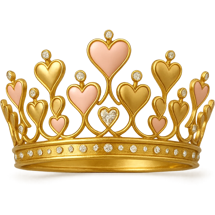 heart crown with a gold base, hearts in gold and blush enamel, sparkling gems emoji