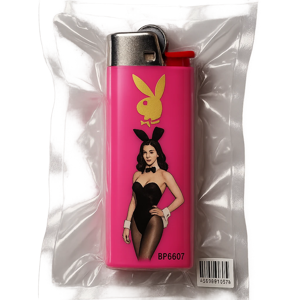 pink BIC lighter, glossy, with a gold Playboy Bunny logo and a model in a black bunny suit emoji