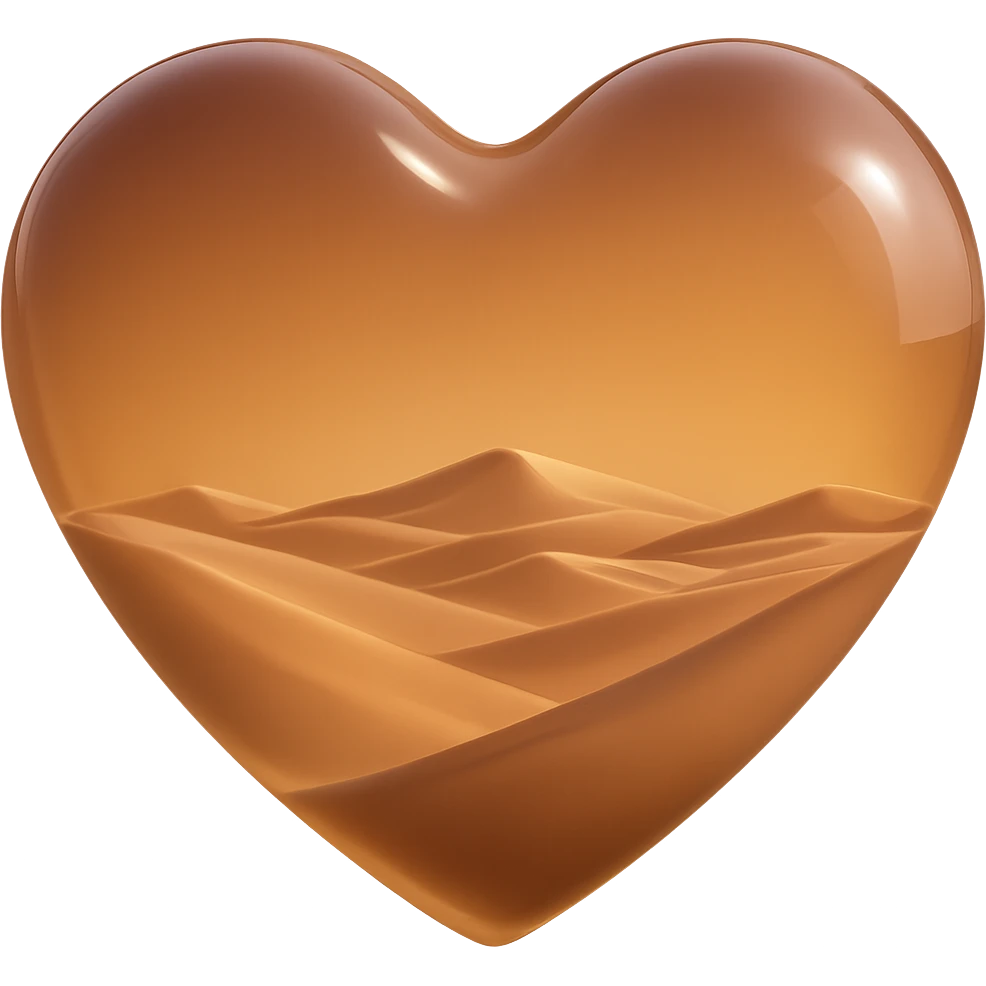 Remove the sun from inside the glass heart, keep only the empty desert sand dunes, realistic glass look, 3D emoji style, with no background emoji