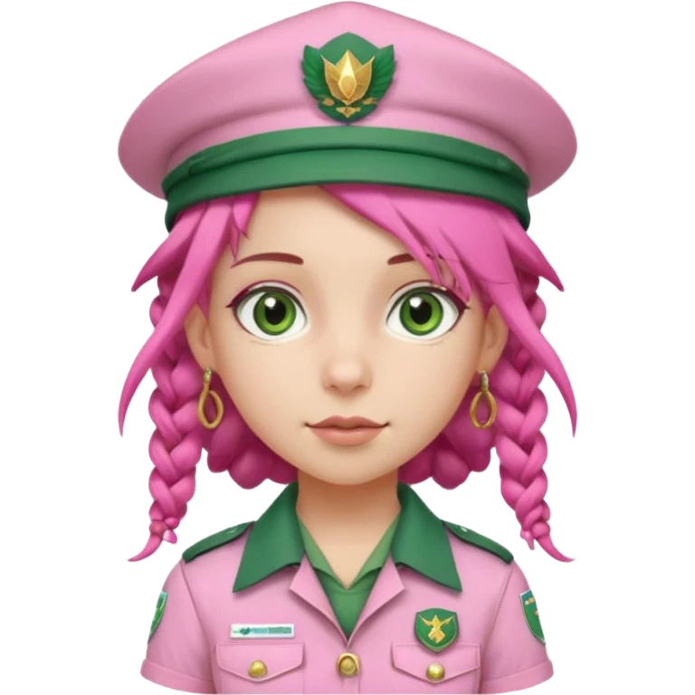 very pretty girl big green eyes, scout girl with pretty pink uniform, pink dreadlocks, and big earrings and scouts hat emoji