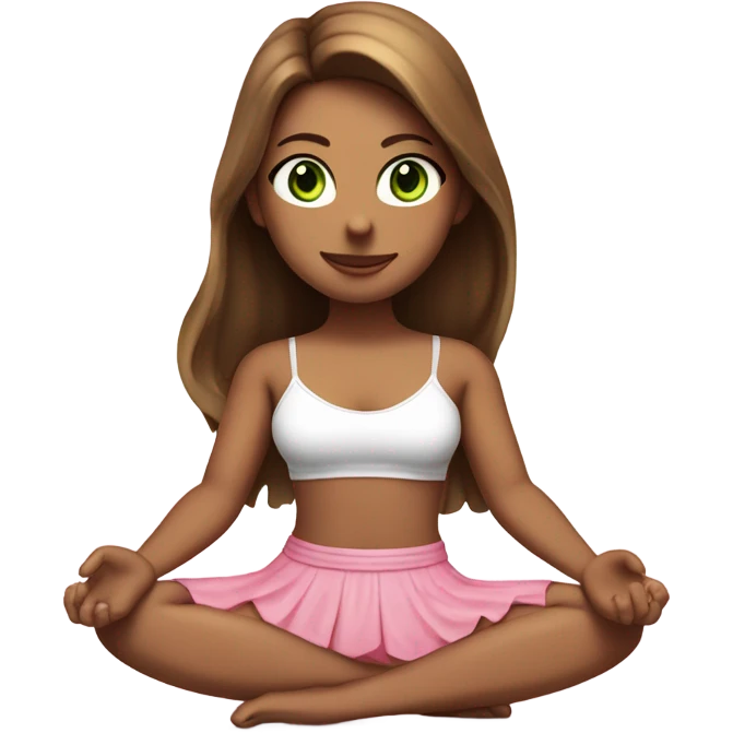A girl with brown long hair, fair skin and green eyes is sitting in a lotus position in a white bra top and pink skirts emoji