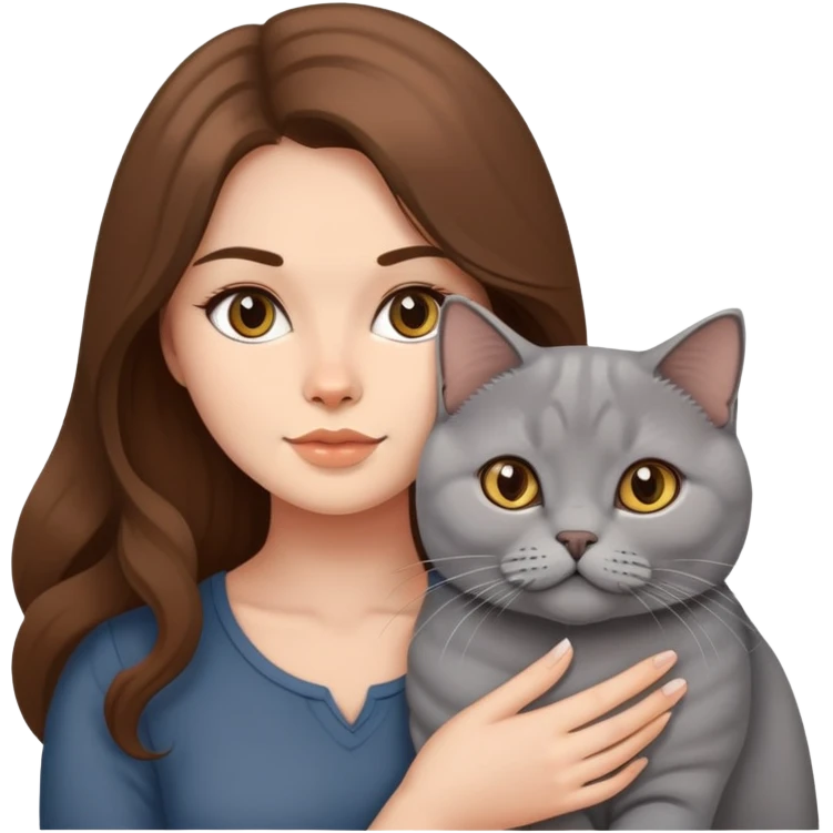 A brown long hair beautiful woman with a British shorthair cat emoji