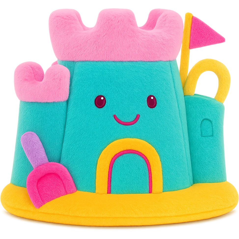 Make the stuffed animal jellycat sand castle more colorful with playful pastel and bright accents, keep the plush texture, no background, soft plush toy style emoji