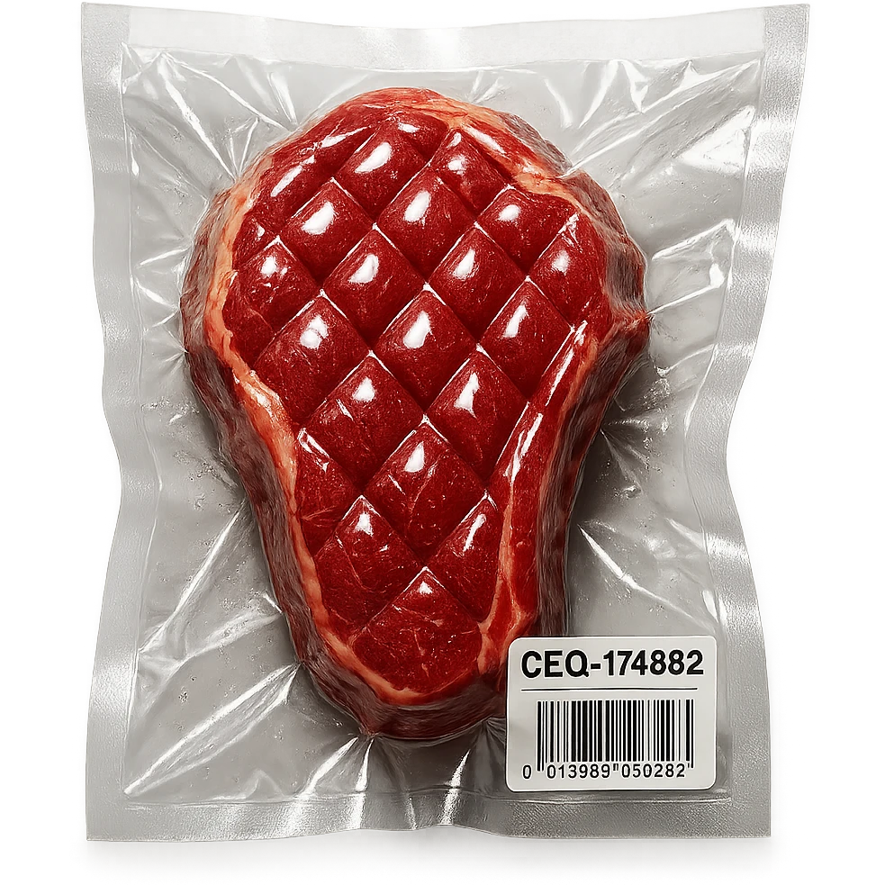 diamond-textured meat steak, shiny and inflated, vacuum-sealed style emoji
