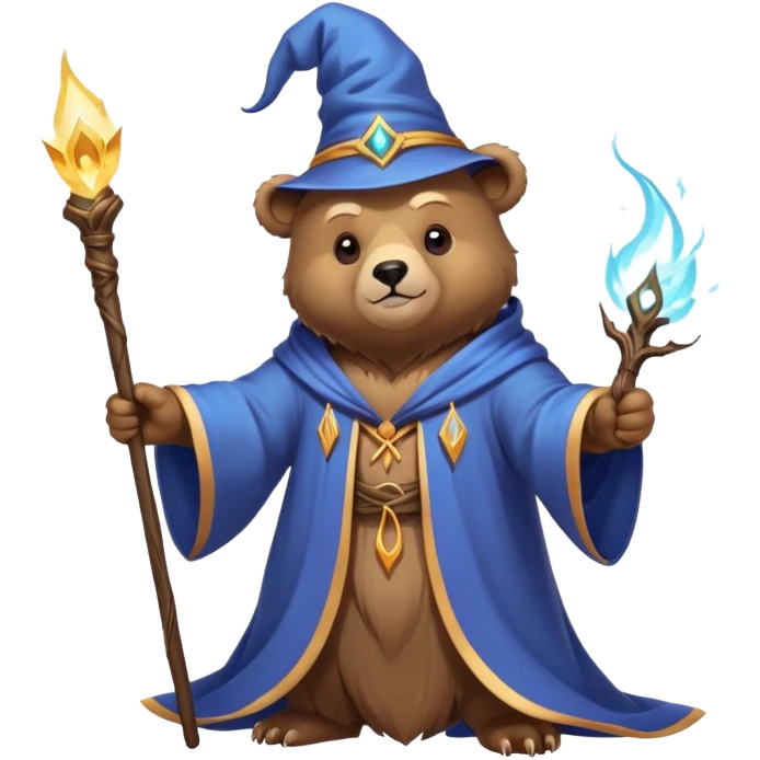 A bear wizard casting a spell with magical staff and flowing robes emoji