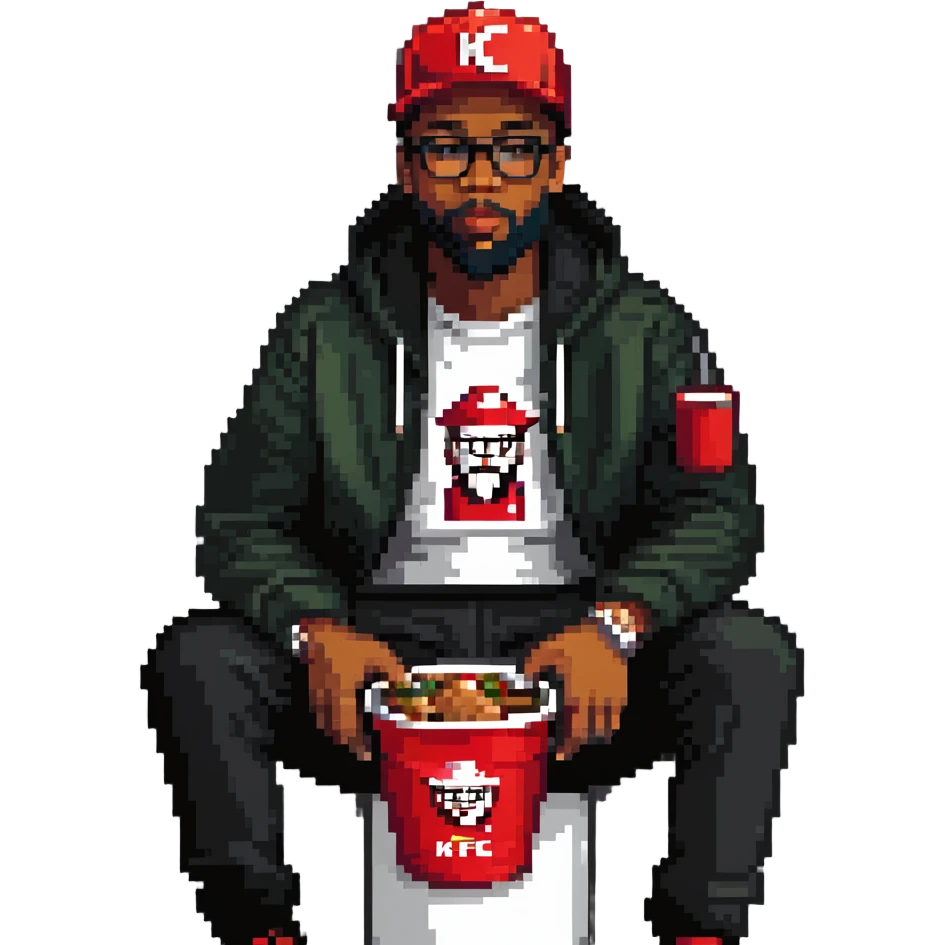 BBNO$ rapper sitting in a KFC bucket, glasses, beard, snapback cap emoji