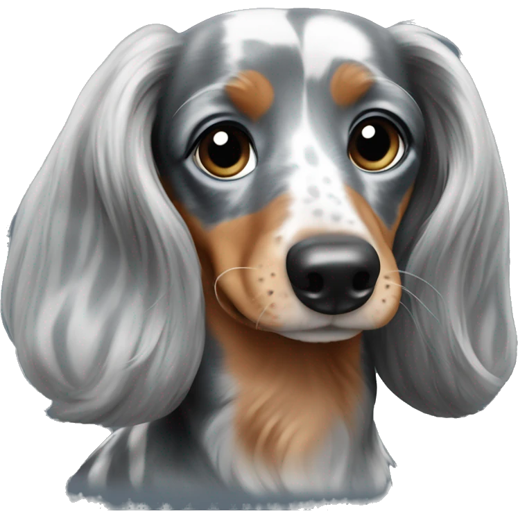 Long haired dachshund gray harlequin blue eyes emoji