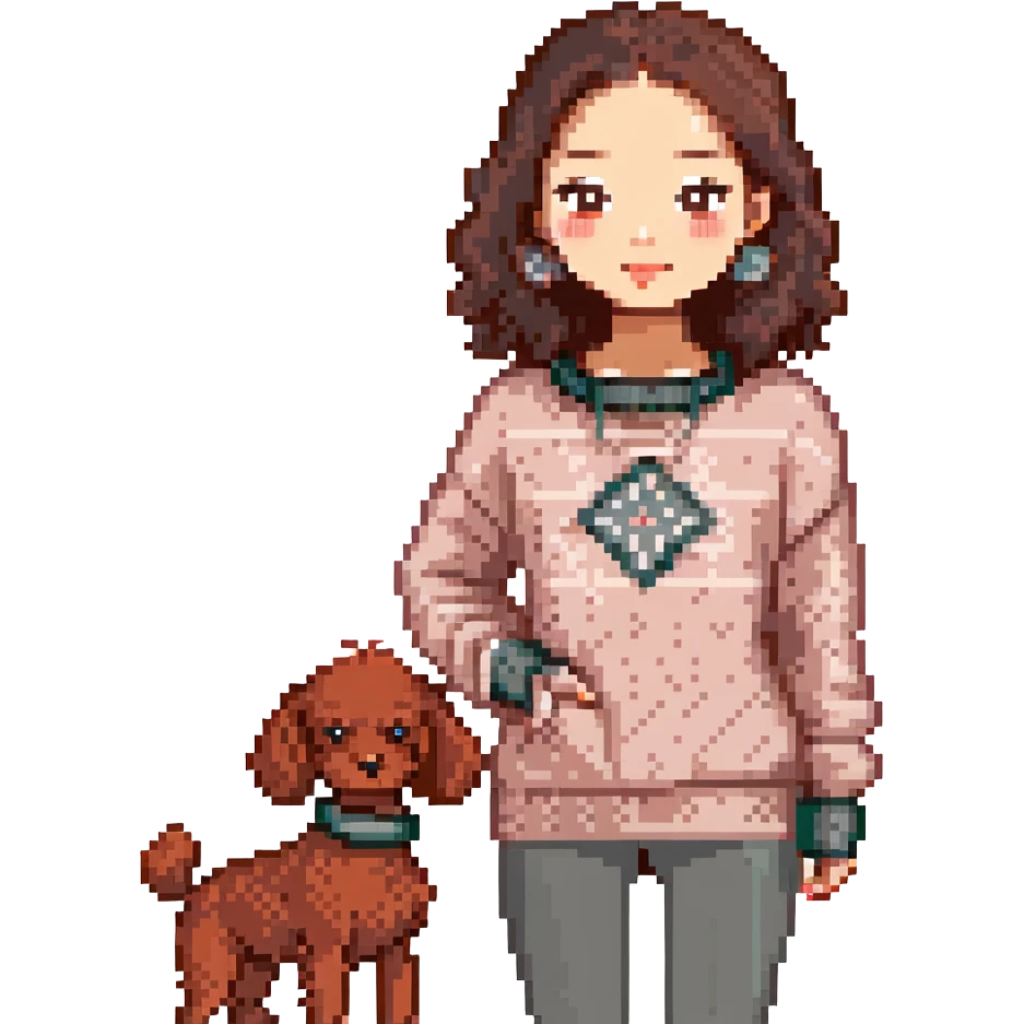 Asian woman with dark brown eyes and hair, wearing a cozy knit sweater, standing next to a small red poodle emoji