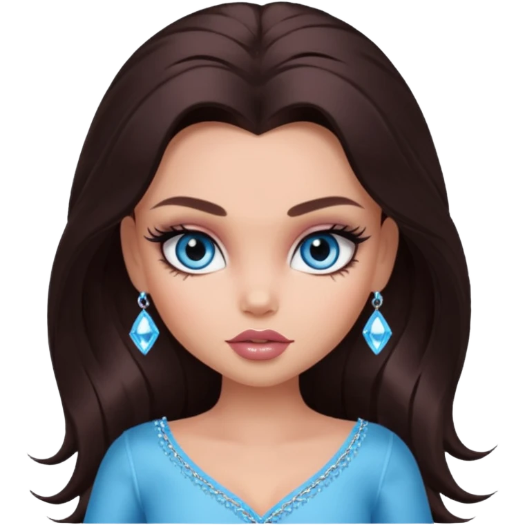 pretty bratz baddie,, pretty crystal blue eyes long darkbrown hair, pretty makeup, long lashes emoji