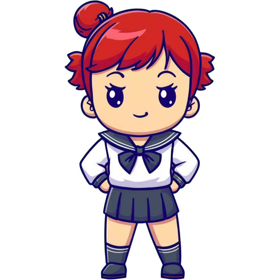 Serious anime girl with short bright red hair wearing Japanese sailor style school uniform, composed expression with hand on hip, confident and stern emoji