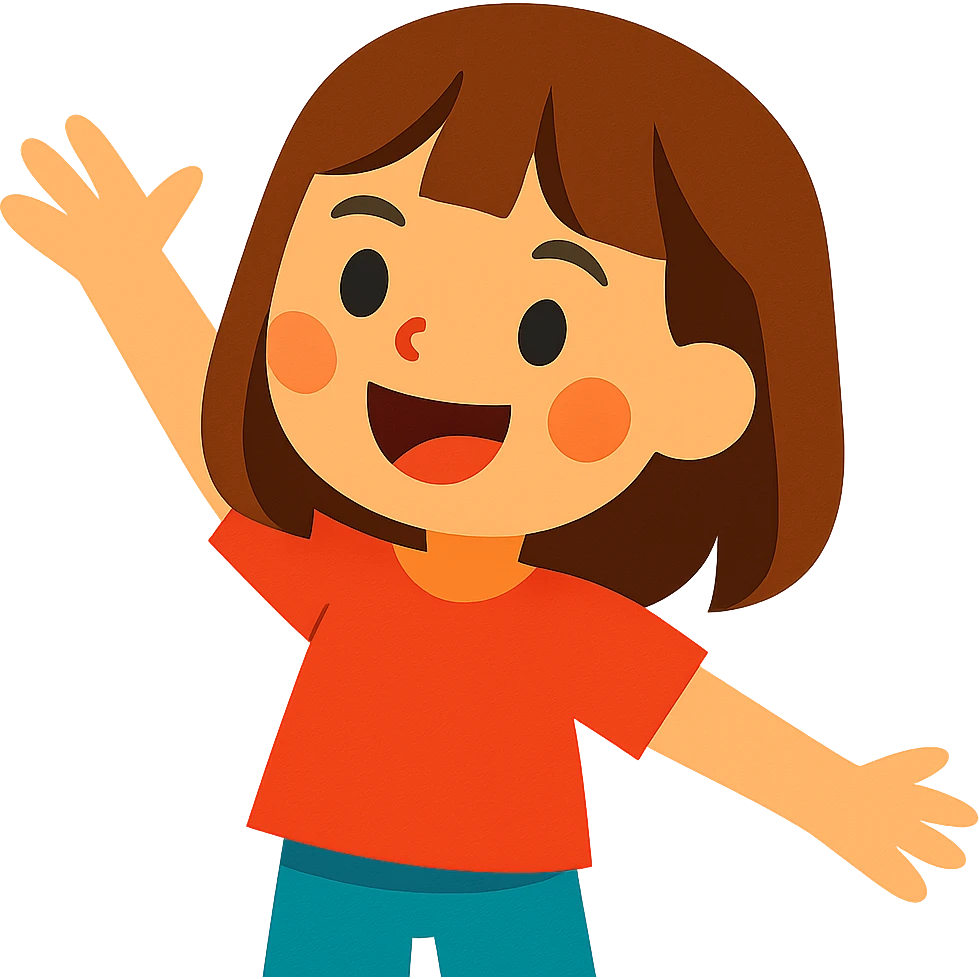happy girl with medium straight brown hair, light skin tone, vibrant cartoon style emoji