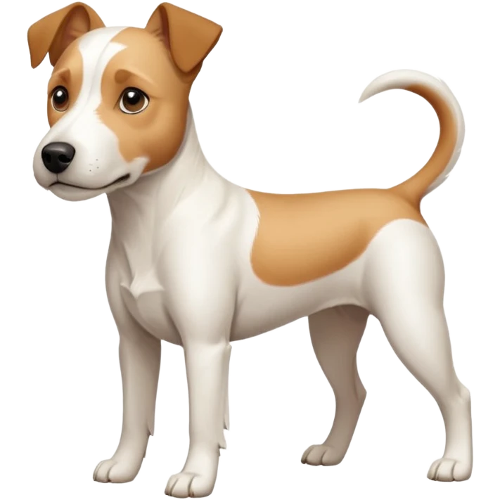 a full body facing front on of a buff white parson russell terrier looking dog the size of a kelpie with light brown long ears resting on its face and a light brown patch on one eye and a large snout. the rest of the dog is completely white.  emoji