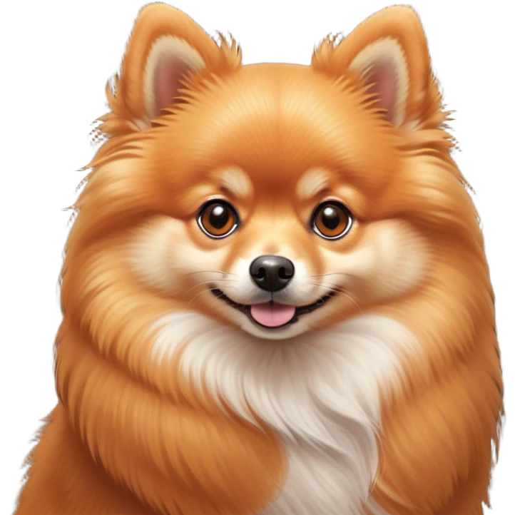 Cinematic Cute Orange Pomeranian Portrait Emoji, Head tilted playfully and inquisitively, featuring a luscious, fluffy orange Fur with a natural sheen, round, sparkling brown eyes filled with curiosity, Simplified yet irresistibly adorable features, highly detailed, glowing with a warm, friendly glow, high shine, affectionate and lively, stylized with a touch of whimsy, bright and endearing, soft glowing outline, capturing the essence of a mischievous yet loving pup, so playful it feels like it could scamper out of the screen and into your arms! emoji