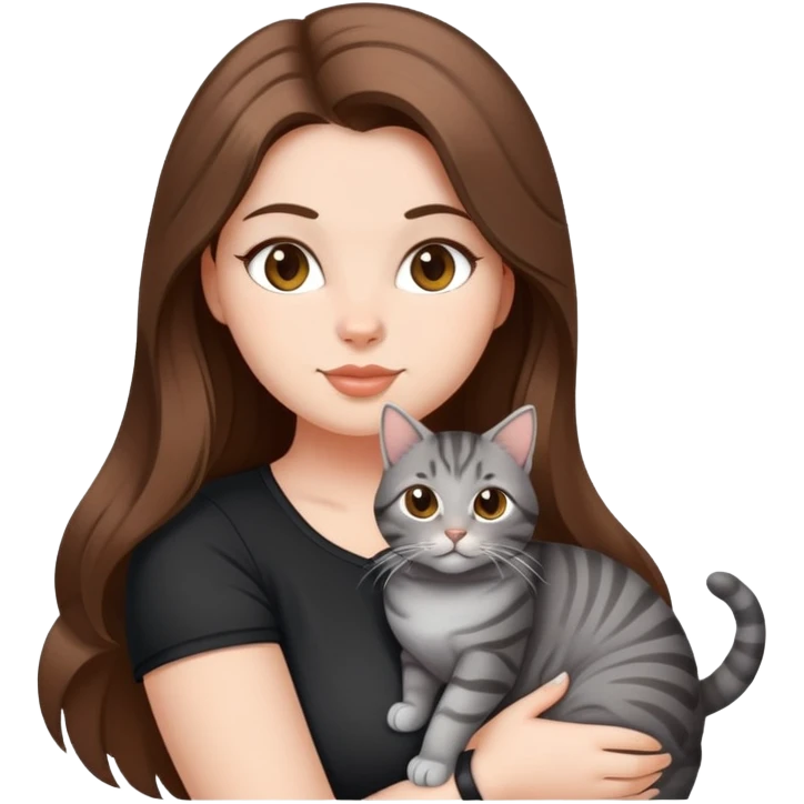 Hot curvy woman, long hair, with super cute cat, she is white with brown hair, black top, the cat is a grey tabby emoji