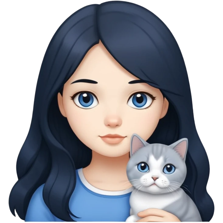 A girl with long black hair is holding a blue and white British shorthair emoji