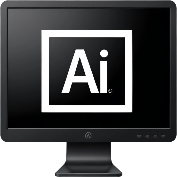 Minimalistic flat vector icon, iOS style, thin black contour on white background. Adobe Illustrator logo "Ai" inside a simple square, clean and modern, no text outside the logo, no shadows. Optionally placed on a minimal computer monitor outline emoji