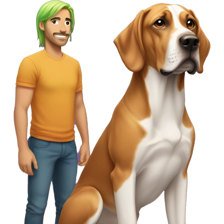 white male with long rainbow colored hair standing alongside a brown rhodesian ridgeback emoji