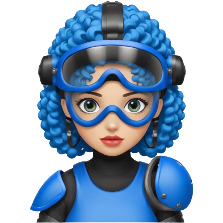 blue curly girl with huge earringswearing paintball with red paintball helmet with eye protection, only face  emoji