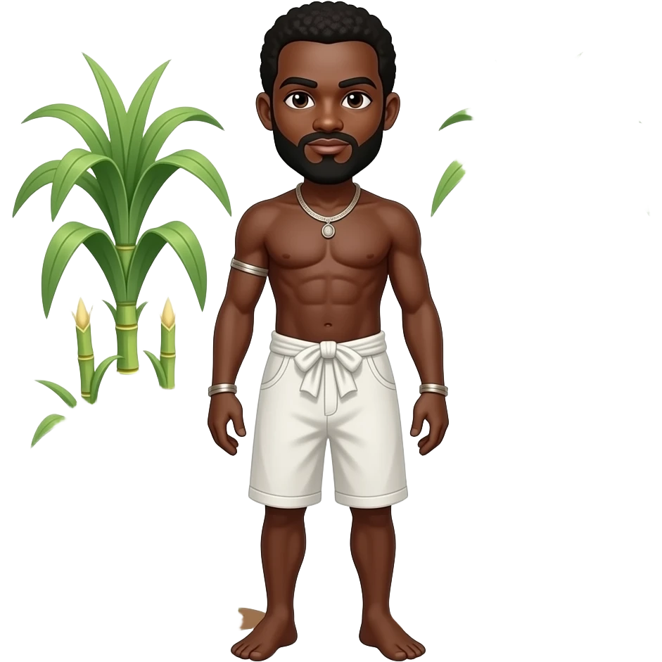 black slave serious face standing wearing only a white bottom cultivating sugar cane emoji