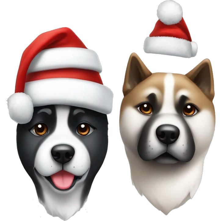 Two American Akita dogs one black and white and the other one just black wearing Christmas hats emoji