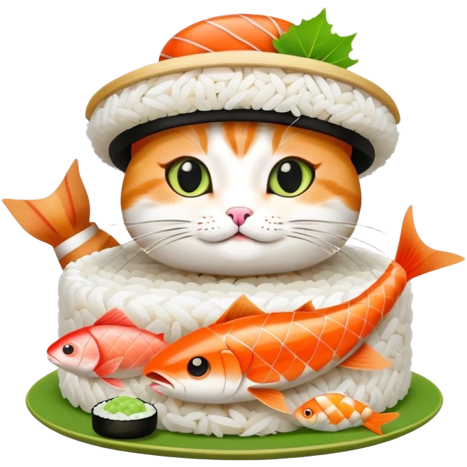 cat wearing a hat with a rice base, multiple fish pieces on top, and wasabi accent, sushi hat emoji