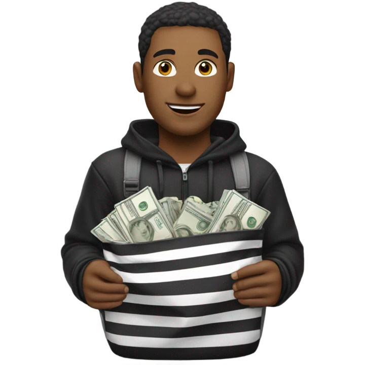 a man with a sweat with black and white line and a cagoule with a bog of money emoji