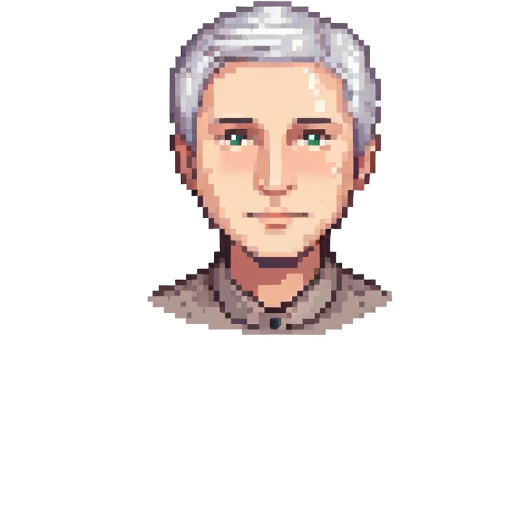 pixel art of a man with short gray hair and a neutral face emoji