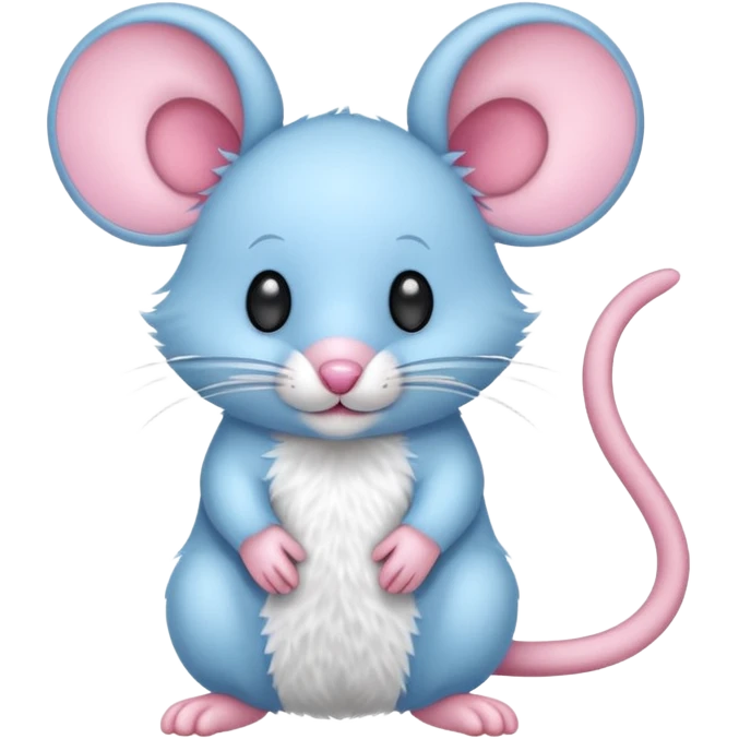 A small, light blue, fuzzy toy mouse with pink ears and a pink nose emoji