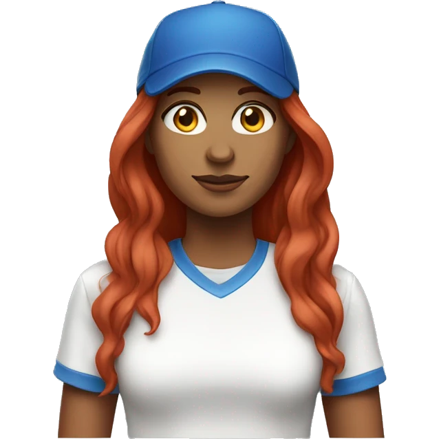 front facing standing female coach with long red hair, wearing a white t-shirt and a simple blue hat emoji
