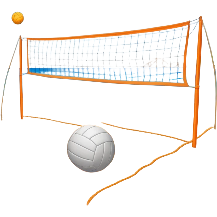 The scene captures a sunny beach atmosphere with clear blue sea and sky, palm trees swaying, and people in swimsuits enjoying the vibrant surroundings. A volleyball resting on the orange sand ground of a beach, with a volleyball net in the background.  emoji