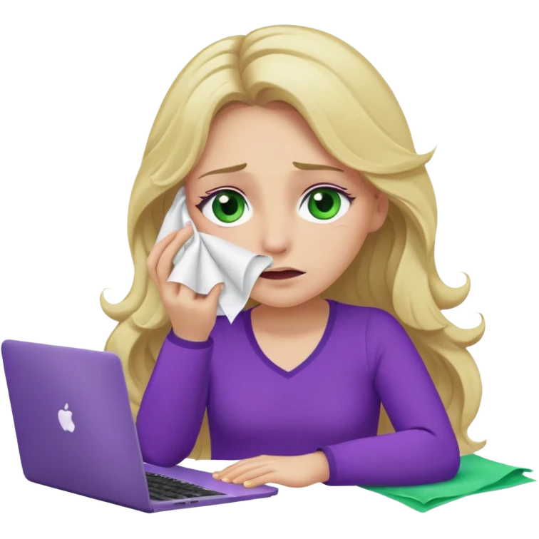 lady with long wavy blonde hair, purple top, green eyes, at desk with hand holding tissue to her eye and crying, with a purple mac laptop  emoji