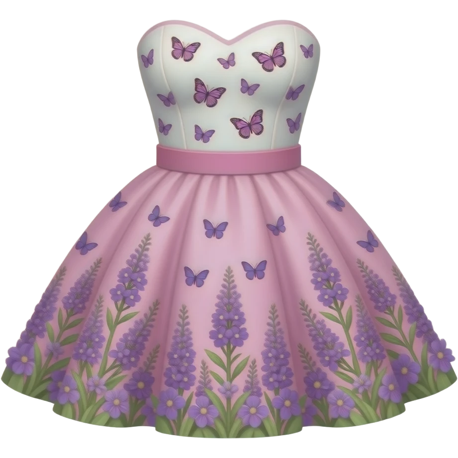 vestido de vuelo con torso blanco con mariposas y parte inferior rosa con flores violetas emoji