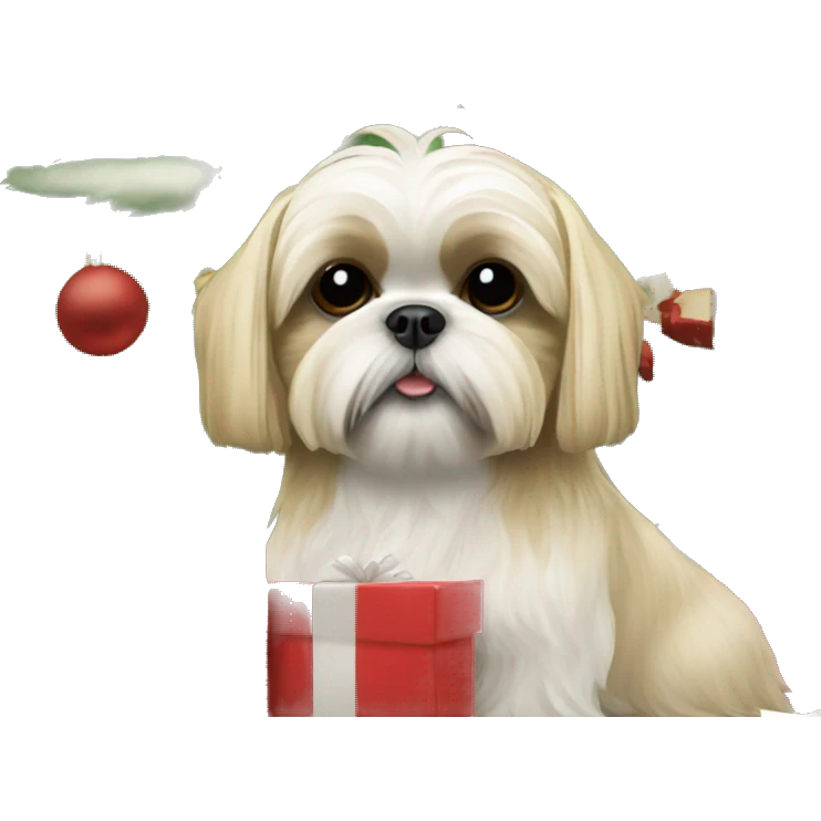 Blonde Shih tzu in front of a Christmas tree with presents emoji