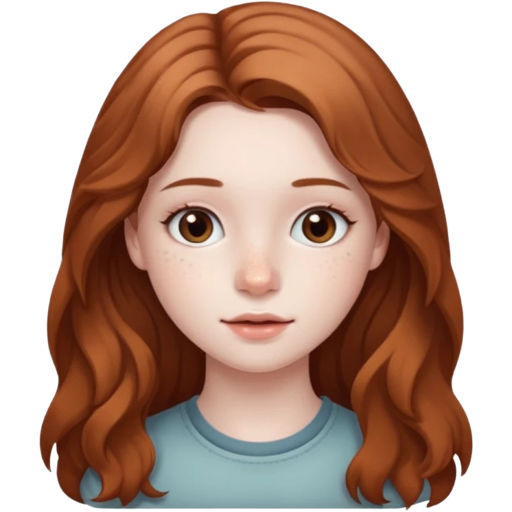 18-year-old girl with pale skin, lots of dark freckles, rosy cheeks, and long straight/wavy light brown hair. emoji