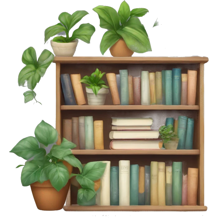 A cute book shelf with a potted pothos plant, and some cute others plants and a pile of books emoji