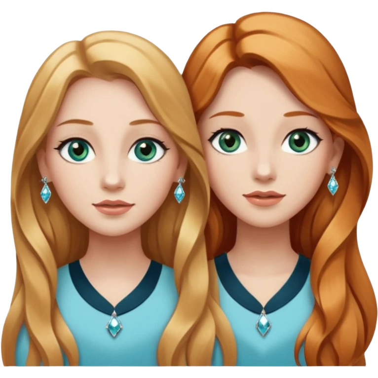 two girls top halfs, one with long wavy strawberry blonde hair and greenish blue eyes, white diamond earrings and wearing white, the other with straight black long hair, brown eyes, silver earrings and wearing black emoji