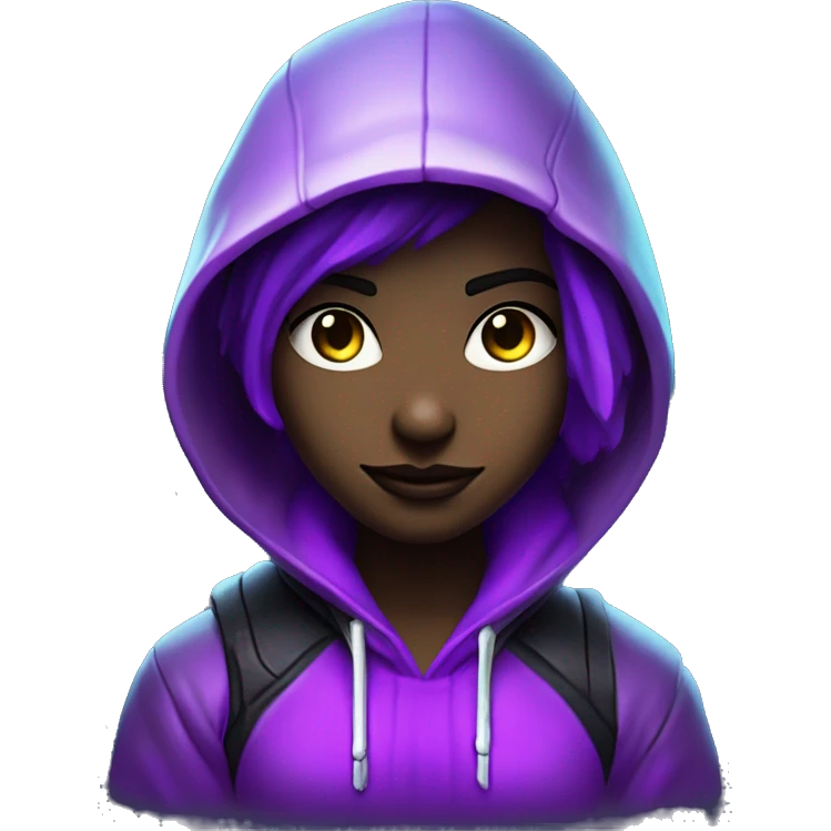 Girl developer behind his laptop with this style : Crytek Crysis Video game neon glowing bright purple character purlple black hooded hacker themed character emoji