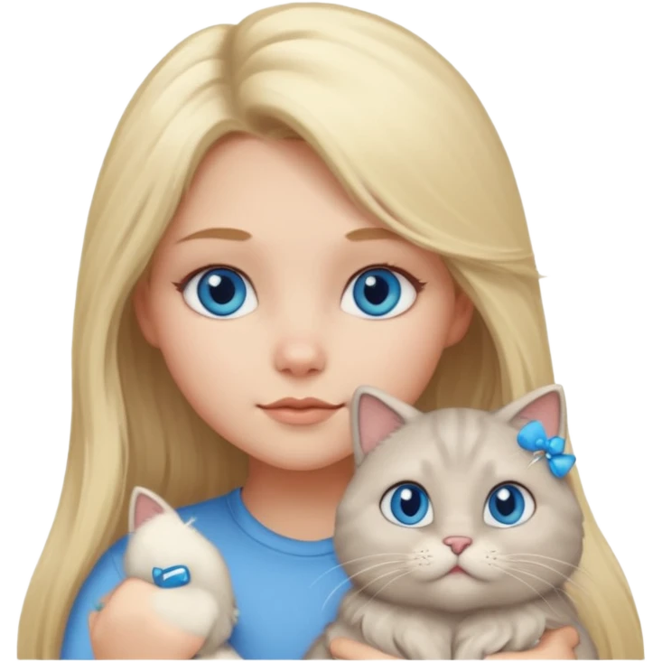 blonde girl with long blonde hair and blue eyes with chubby gray cat emoji