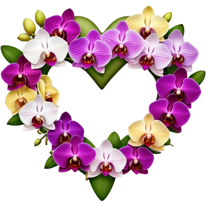 Multicolored ring of orchids in the shape of a heart, many different colors and shapes of orchids emoji
